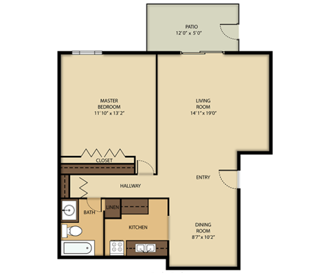 Floor plan for 1 bed, 1 bath, 700 sqft